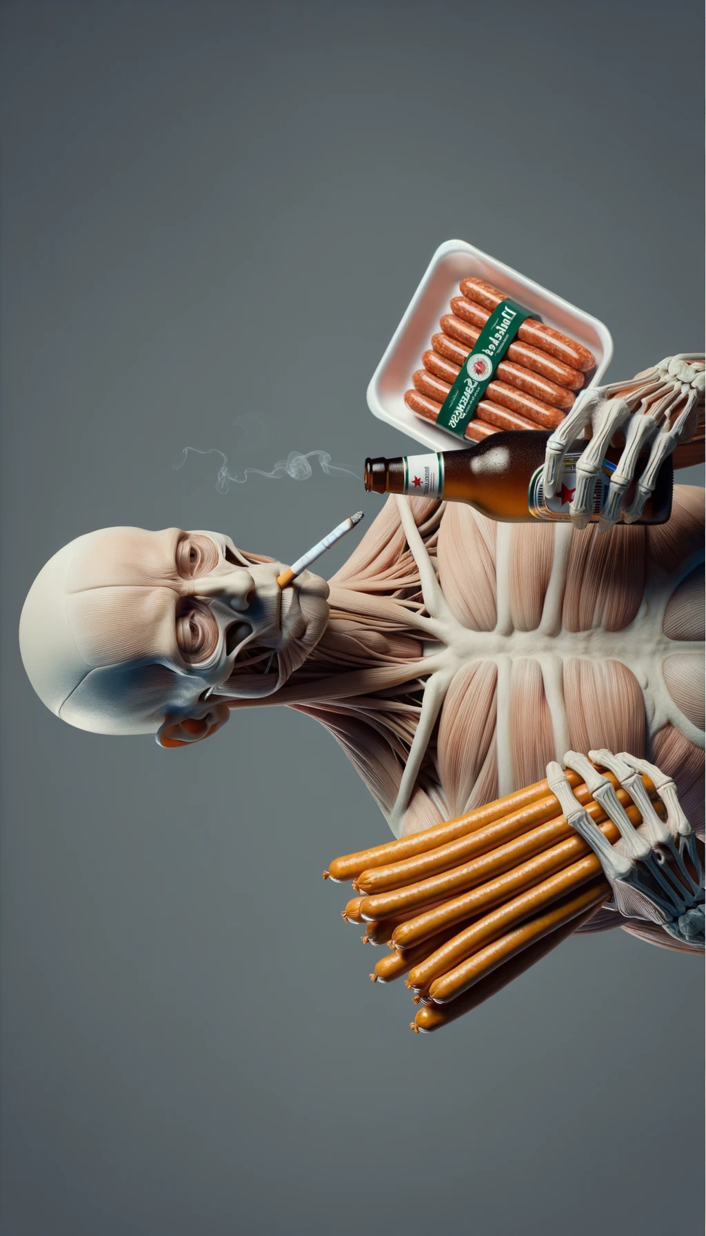CORPO UMANO ANATOMICO TIENE UNA SIGARETTA IN BOCCA E STA FUMANDO MENTRE TIENE TRA LE BRACCIA UNA BIRRA E WURSTEL CONFEZIONATI, LI GUARDA CON ESPRESSIONE INDECISA IN VOLTO, NEUTRAL CLEAR BACKGROUND, iperrealistico 4k emoji