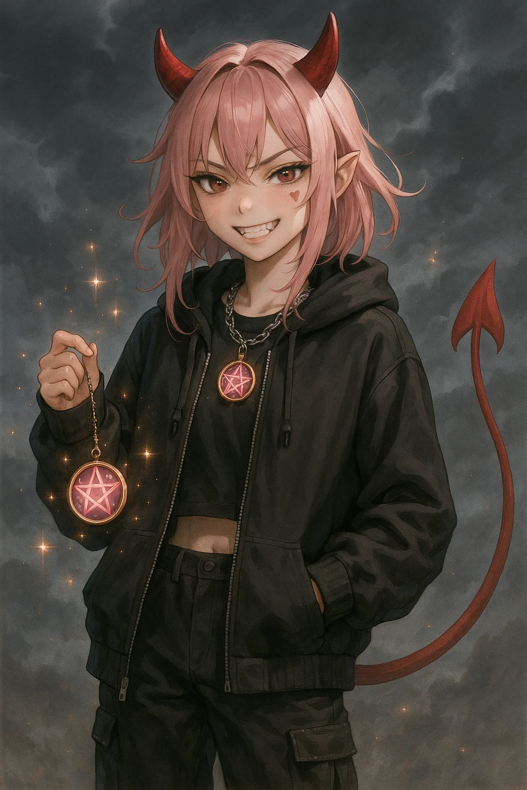 realistic anime style devil catgirl with red horns, pointed tail, fangs, pink hair, streetwear, magical accessory, sparkles, stormy background, heart tattoo under eye, mischievous expression emoji