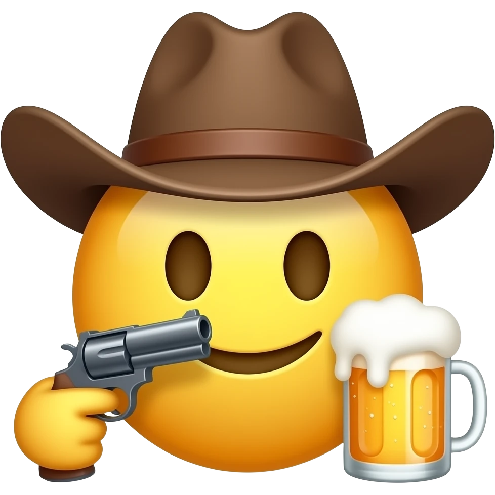 Round yellow emoji that looks more like the iMessage emojis with a cowboy hat holding a gun and beer emoji