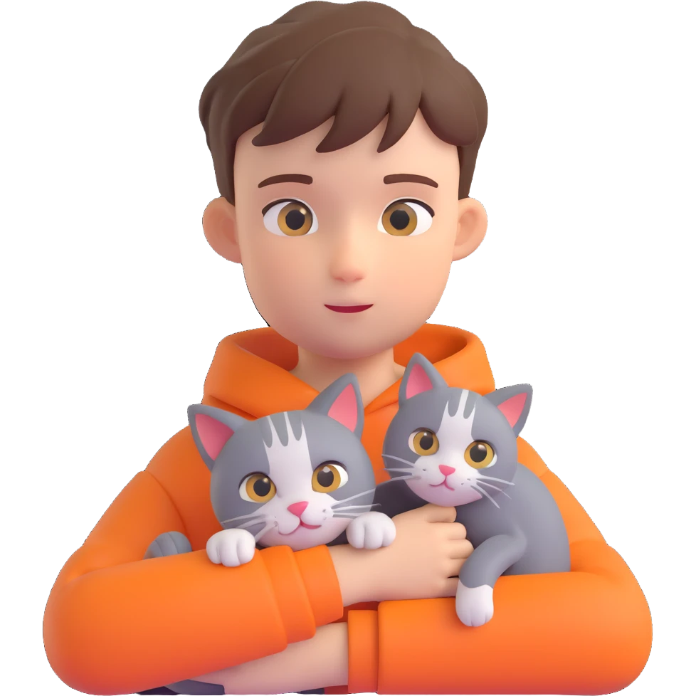 boy and cat pet in forrest background, close up pose emoji