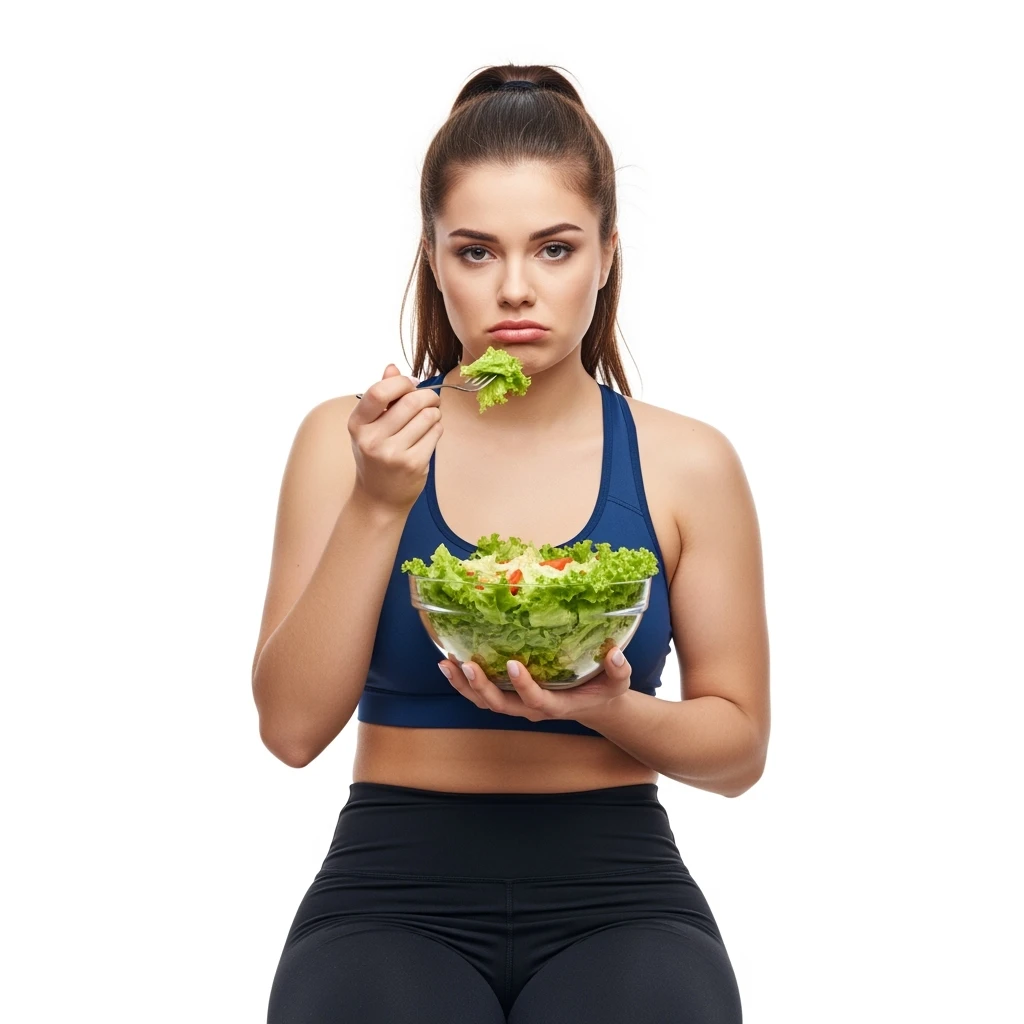 DONNA FITNESS CON CELLULITE CHE MANGIA INSALATA CON ESPRESSIONE TRISTE, ISOLATA SU SFONDO BIANCO emoji
