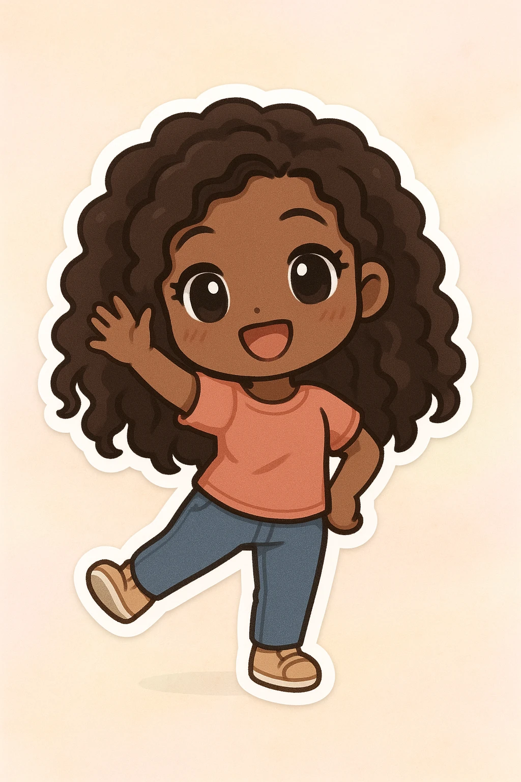 chibi anime style, Black girl with long curly hair, hair waving, playful pose, pastel background emoji