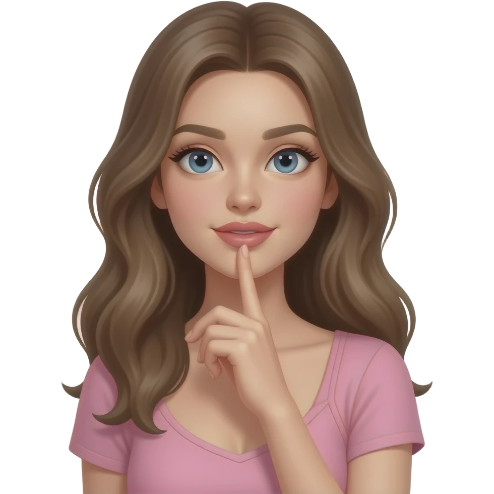 Pretty woman planning and thinking and has her finger on her lips and thinking and looking up with big nacho lips, slim face skinny wearing pink clothes and looks very beautiful and is around the age of 20 and very girly and glittery has dark blonde hair looks sexy and seduces when thinking emoji
