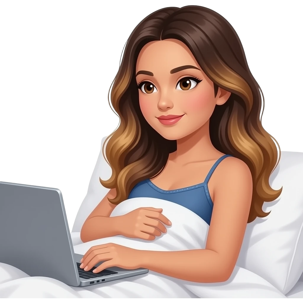 Beautiful Filipino woman beautiful eyes with long wavy hair balayage watching tv in bed under sheets holding blanket side view feeling in love emoji