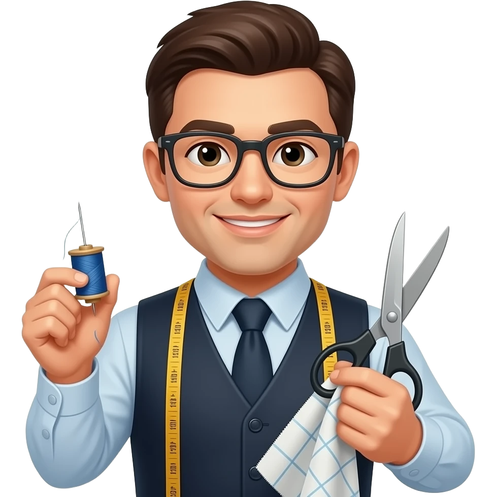 Elinde iğne ipliği mezurası, kesilmiş kumaşı ve makası olan, gözlüklü bir Terzi emojisi apple emoji düzeninde yap emoji