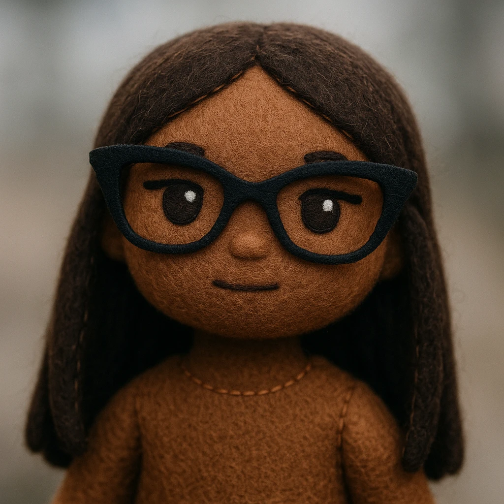 portrait of a young brown girl with long dark brown hair, dark brown eyes, wearing black squared cat eye glasses, neutral expression, neutral background emoji