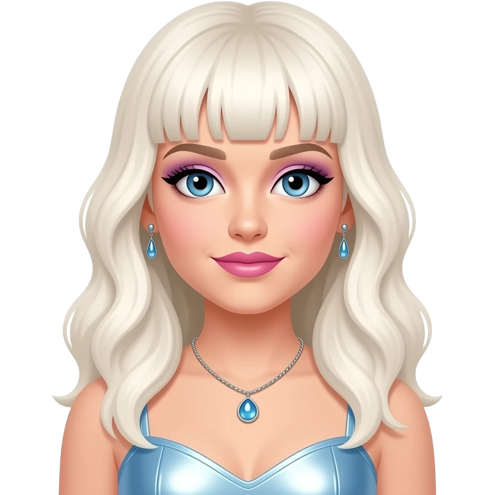 Sabrina Carpenter with blue eyes, long white blonde wavy bang hair, periwinkle eyeshadow, pink lipstick, light blue metallic pop outfit, necklace and earrings emoji