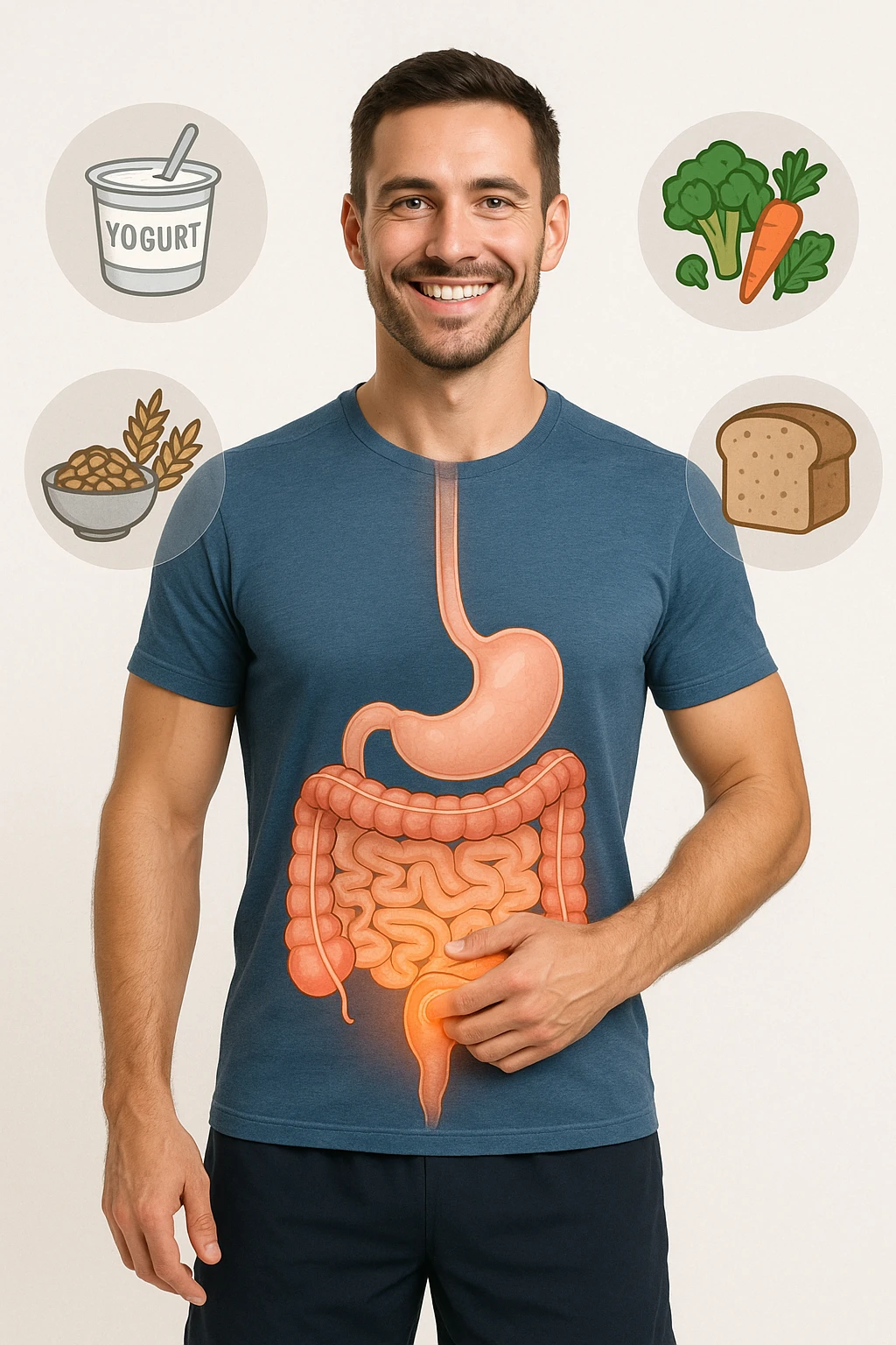 a fit, smiling man stands confidently with one hand on his abdomen. A transparent overlay reveals a healthy, detailed digestive tract with a glowing, vibrant intestine. Around him, icons of healthy foods like yogurt, vegetables, and whole grains float, symbolizing good gut health. The background is clean and bright, with an educational mood. emoji