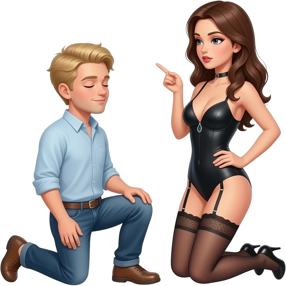 Blonde man with closed eyes kneelong to a brunette femdom emoji
