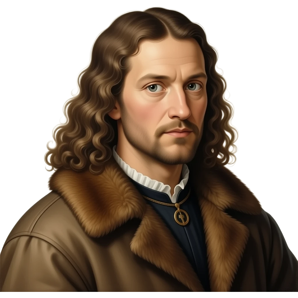 cinematic aesthetic divine lighting, oil paint, mysterios - Albrecht Dürer Renaissance self-portrait with long curly hair in a coat with a fur collar, The self-portrait is considered remarkable because of its resemblance to contemporary representations of Christ emoji