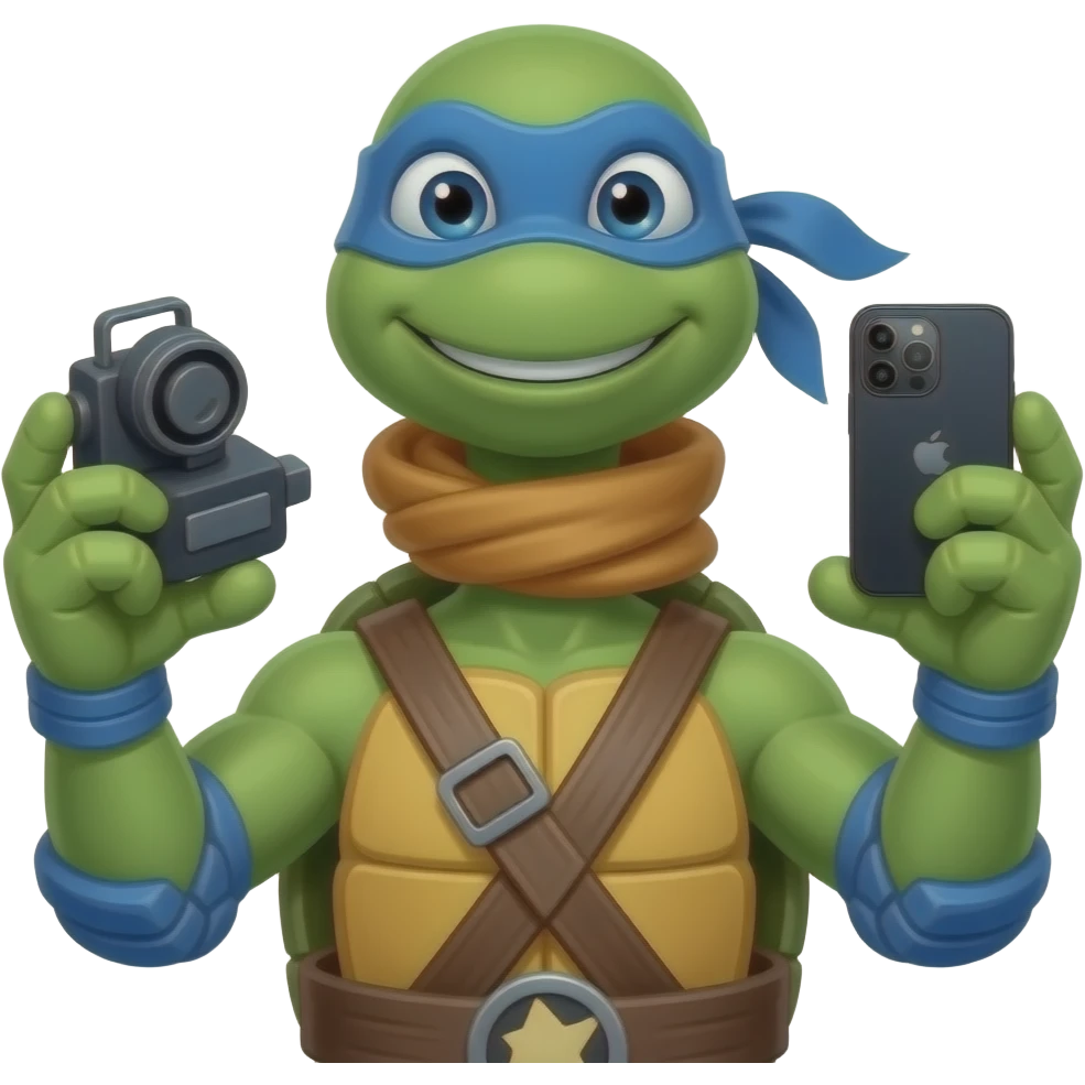 donatello ninja turtle (teenage-mutant-ninja-turtles) holding a Android XR spatial device on one hand and an Android mobile device on the other hand emoji
