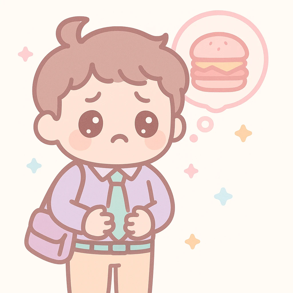 A tired office worker holding his stomach, thinking about food, kawaii style emoji