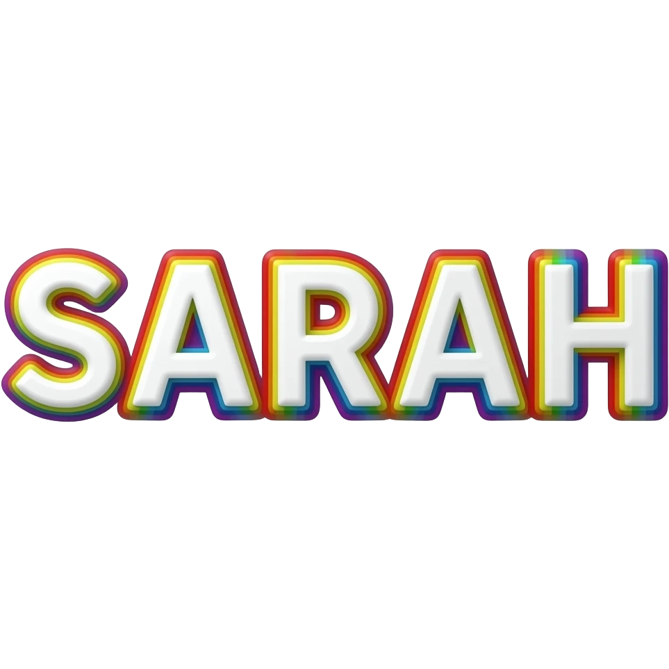 name "Sarah " in white typography lettering, each color of the rainbow as a border outlined around each letter, isolated, 3d rendering, no emoji icons no emoji faces and must have no human figures emoji
