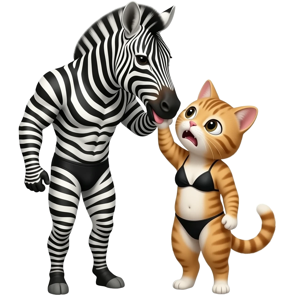 human zebra male biting the cat human neck. a human girl cat wearing black bikini and a short hair. make the cat scared emoji
