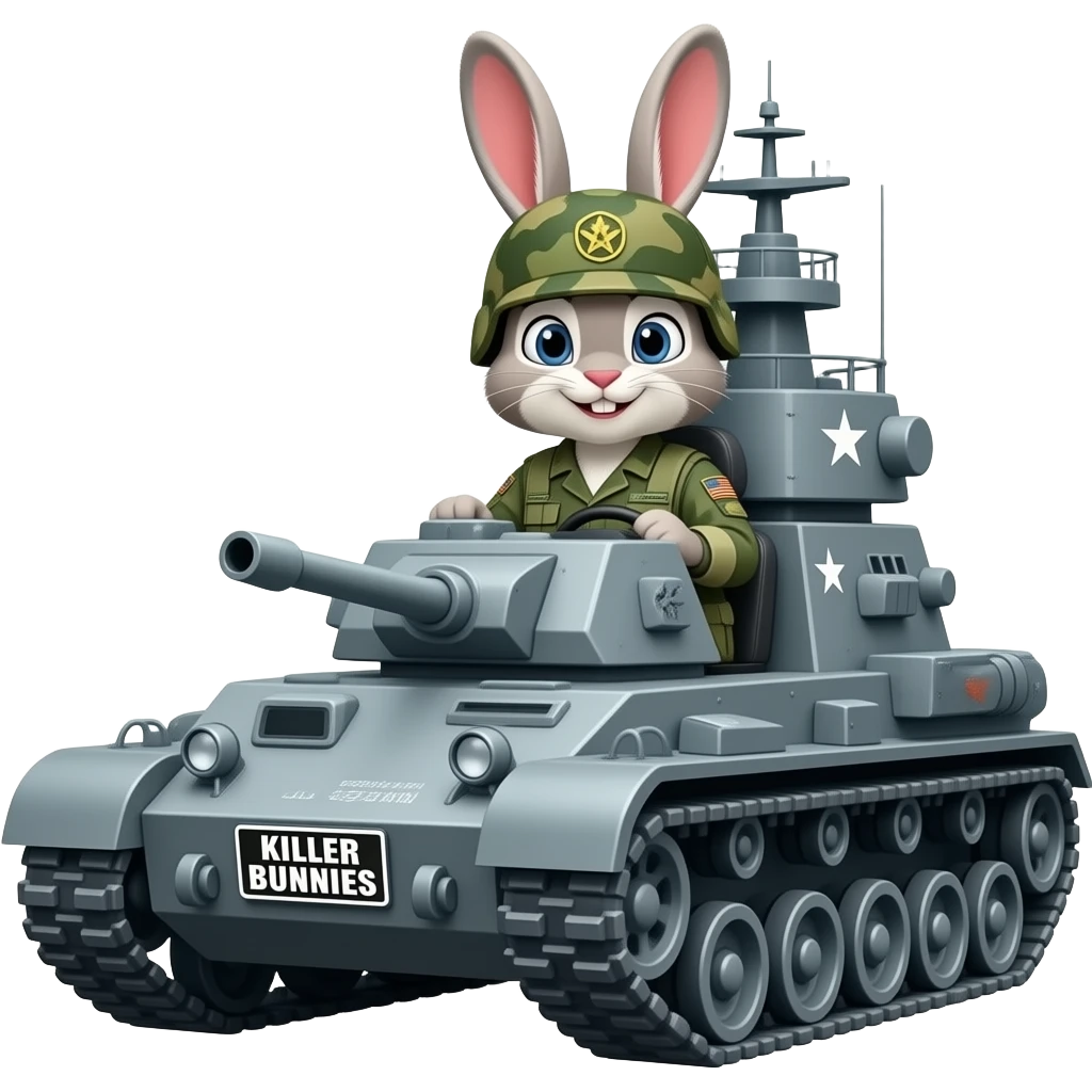 bunny in army fatigues driving a war ship text Killer Bunnies on bumper emoji