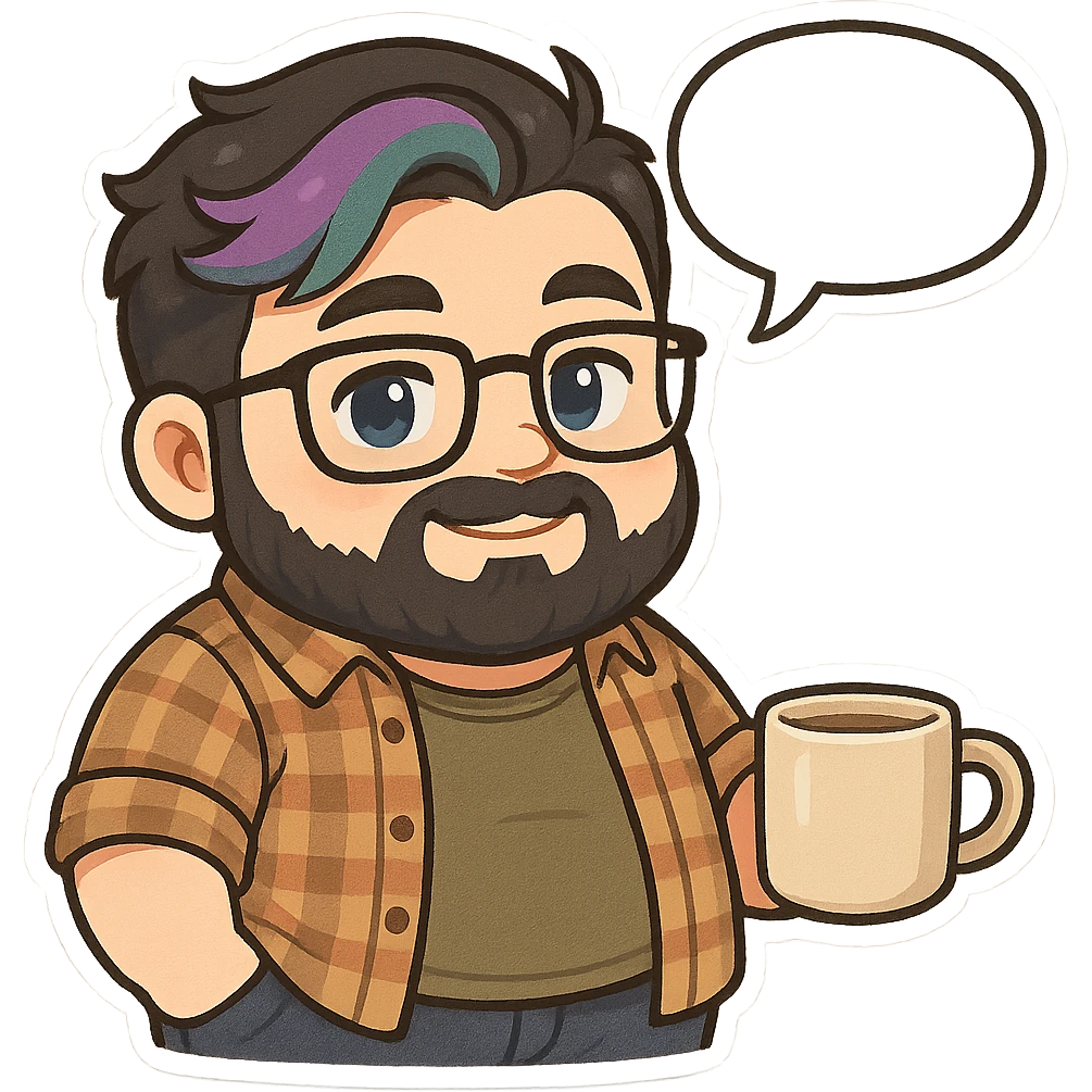 A realism art illustration art style of handsome plus-size man with black hair and a purple to green ombre streak, black beard, blue eye, glasses, dressed like a dad, holding a coffee mug, blank speech bubble, frowning  emoji