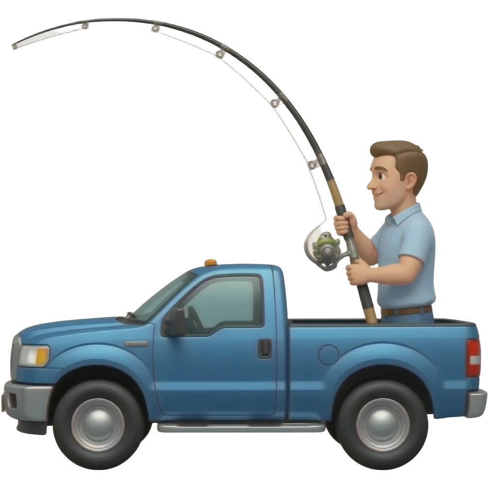 a guy with a huge bent fishing rod attached to a truck emoji