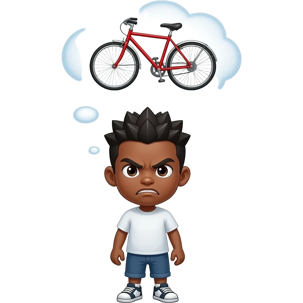 cartoon character angry young African-American boy full body thought bubble with red bicycle emoji