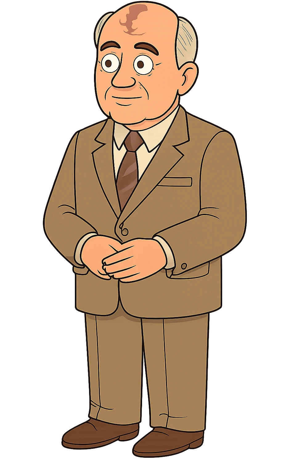 the full body of Soviet leader Mikhail Gorbachev looking calm and interested with his hands in in front of his body. He is wearing a 1980s light brown suit emoji