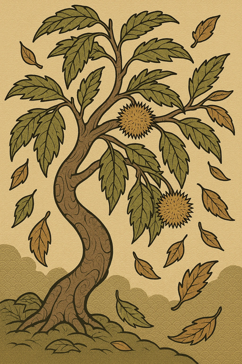Chinese chestnut tree with falling leaves, ukiyo-e style emoji