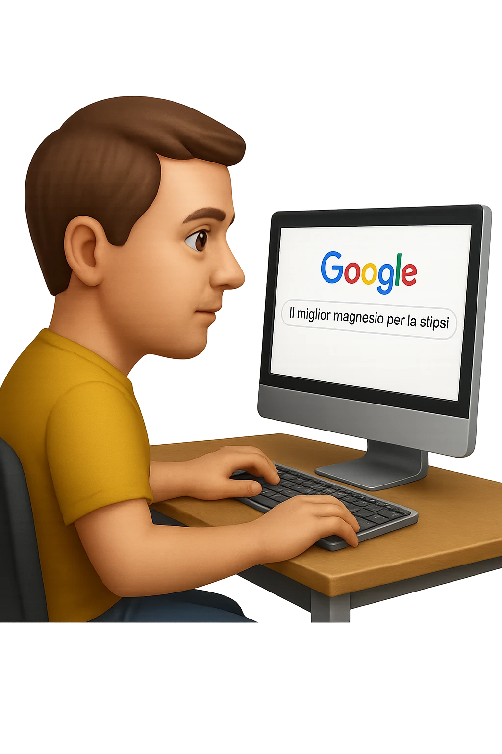emoji stile iphone di un uomo davanti al pc che cerca di google: "Il miglior magnesio per la stipsi", iperrealistico 4k emoji