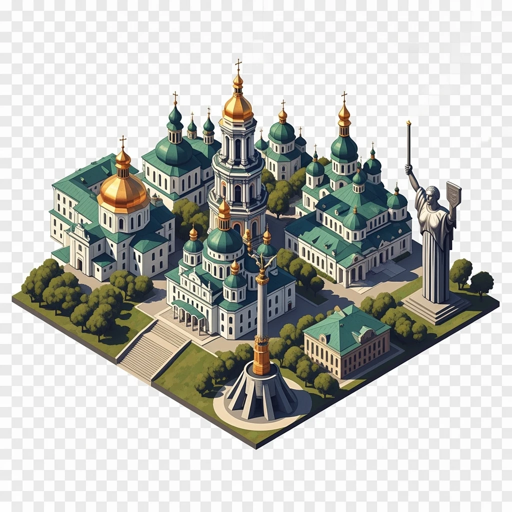 Isometric illustration of photorealistic Kyiv, balanced between paint stylized and realistic, 3D miniature effect, transparent background. emoji