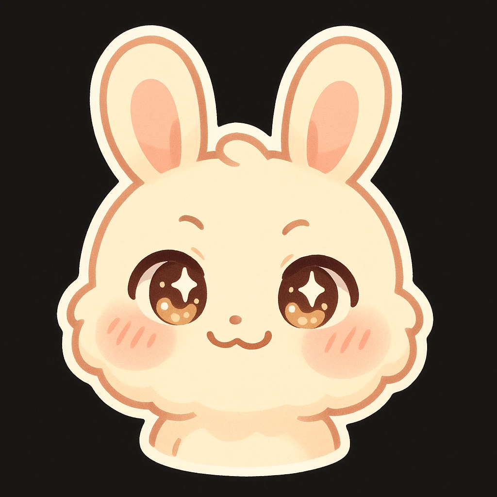 kawaii chibi-style bunny emoji with a round fluffy face, sparkly eyes, blushing cheeks, pastel color palette, smug mood, soft rounded design, anime-style, vector art, black background emoji