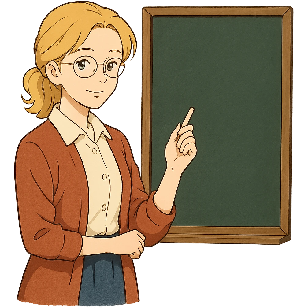 profesora rubia de pelo largo recogido, piel clara, estilo ghibli, con una pizarra emoji