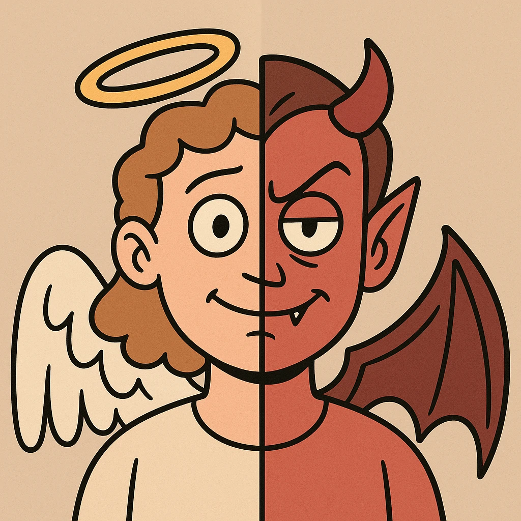 half animated face of an angel and half animated face of a devil, flat modern vector style emoji