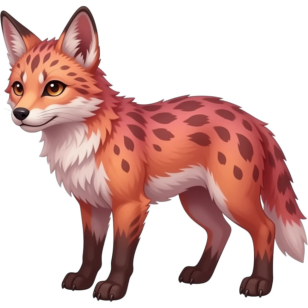 Realistic Hyper-realistic Feral Rare Fantasy dark pastel gradient-pink-red-orange Vernid-Sergal-Genet-species by LiLaiRa, random markings, tufted ears, full body, 4 legs emoji