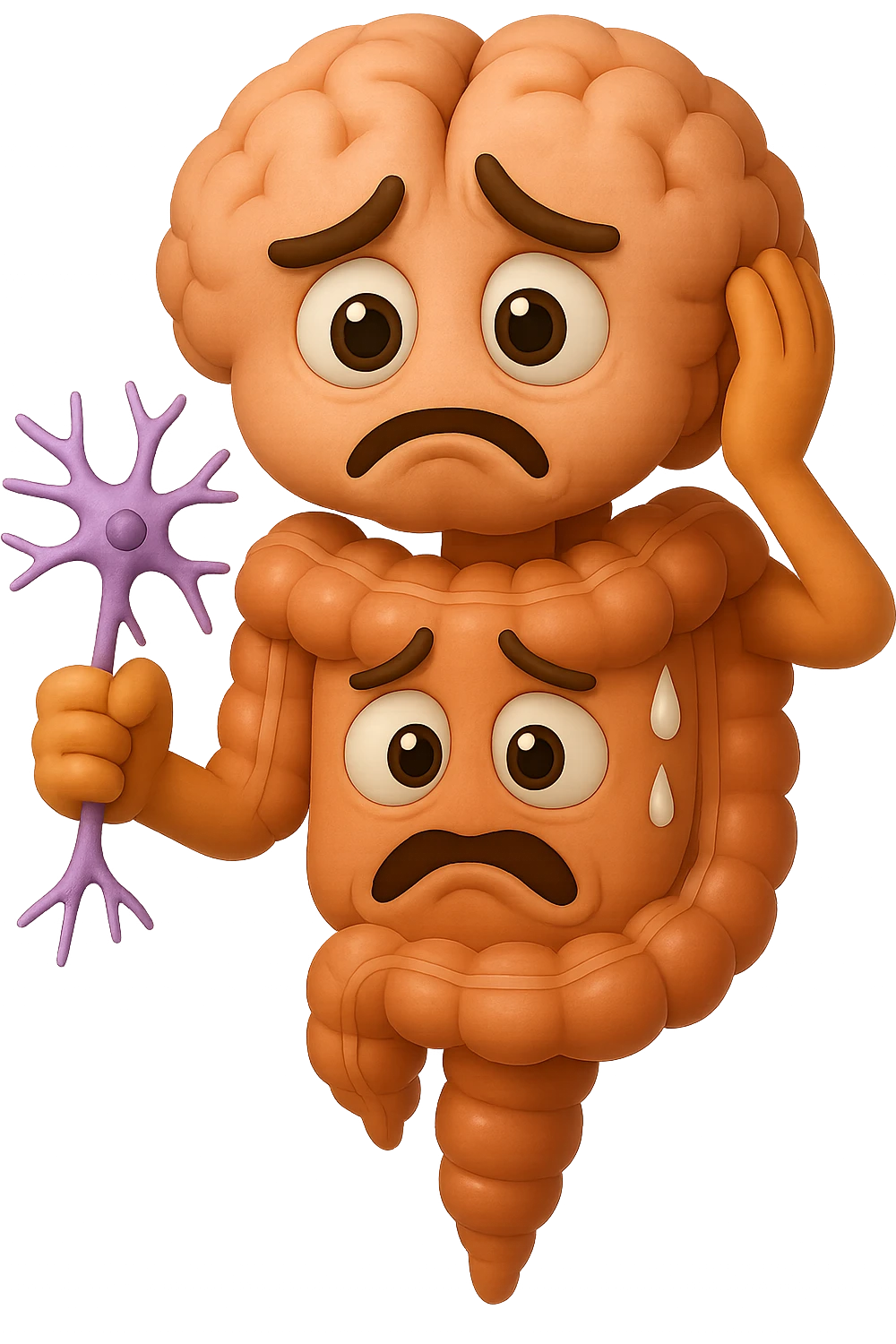 EMOJI STILE IPHONE DI UN INTESTINO collegato verticalmente ad un cervello mentre tiene in mano un neurone, espressione stressata, IPERREALISTICO 4K emoji