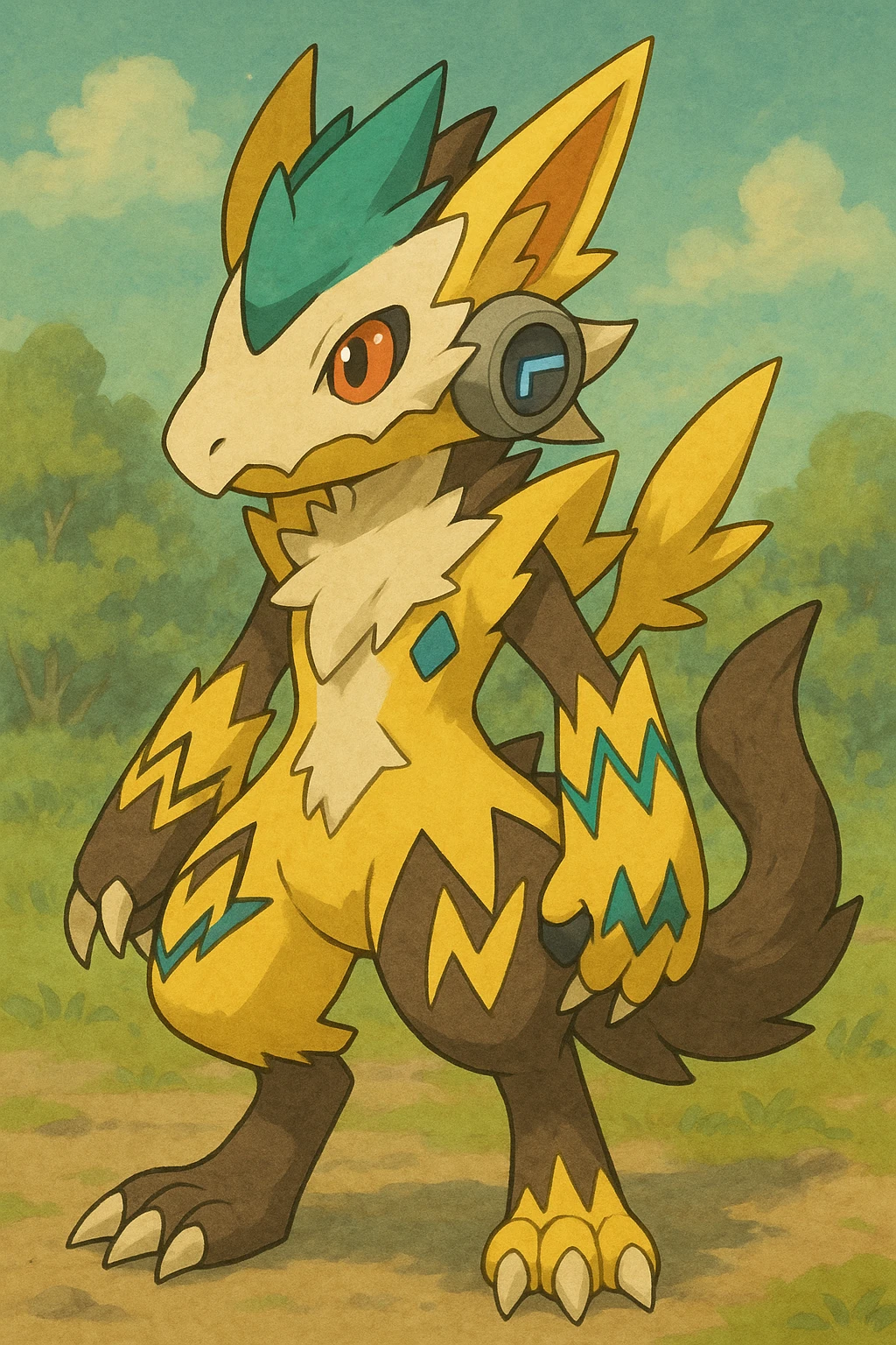 Sergal-Protogen-Trico-Renamon-Lombax-Zeraora-Vernid-fusion-hybrid-creature, drawn in a Pokémon/Digimon style emoji