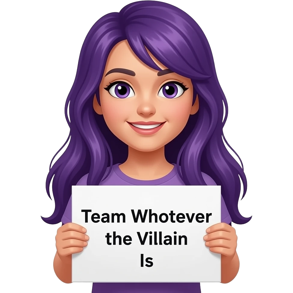 girl with long purple hair holding a TEAM whoever the VILLAIN is sign emoji
