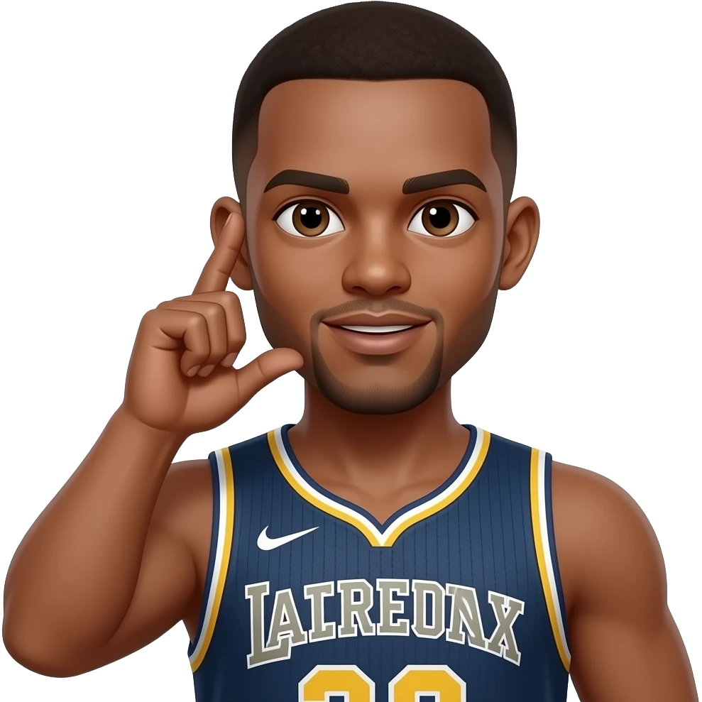 Make the mans skin light brown and a basketball player with his first and second fingers held up to his right ear and his thumb held on his lips like a phone emoji