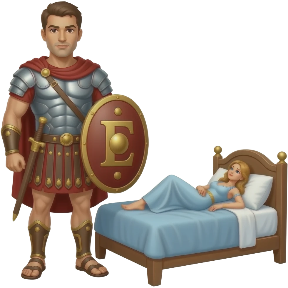 Muscular Roman soldier bald with brown eyes the Letter E on the shield with empress in bed facing away nude emoji