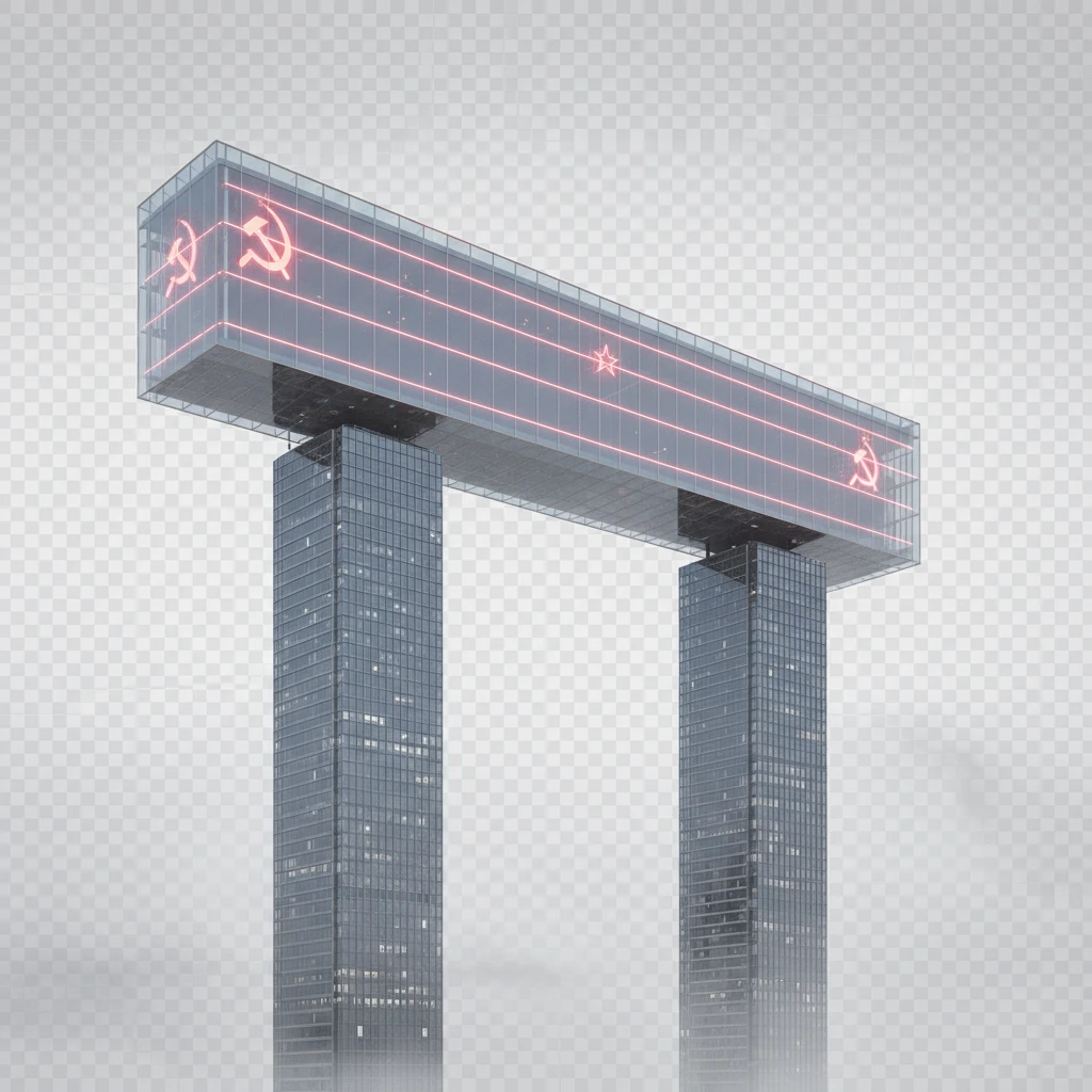 Горизонтальный небоскреб с советской символикой, прозрачное стекло и небольшое красное свечение. Он лежит на двух высоких небоскребах, которые стоят далеко друг от друга. 

Фотореализм. Абсолютно прозрачный фон emoji