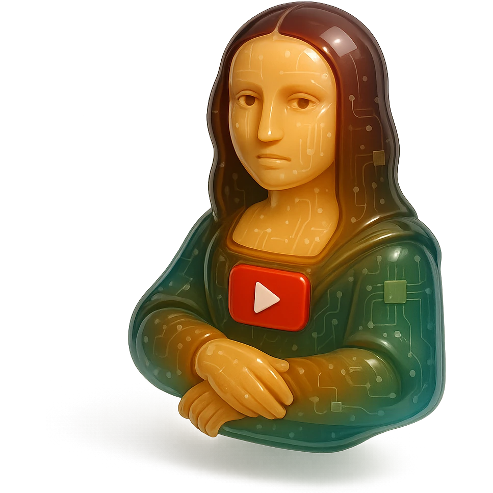 Mona Lisa with a calm or blank expression, no grin or sarcasm, red YouTube play button, glossy circuit style emoji