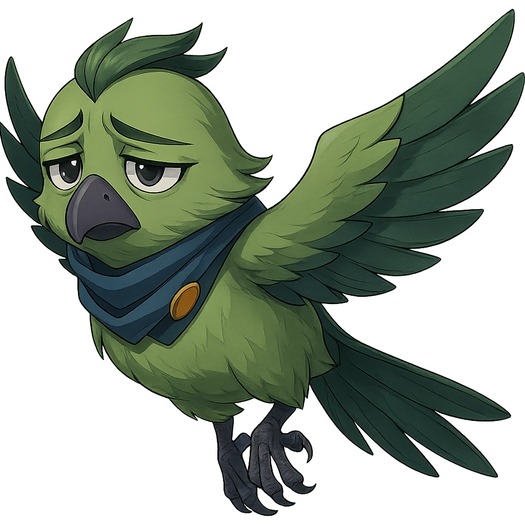 Make the anime style green bird inspired by Valorant agent Falko flying and looking sad, more detailed, with no background. Preserve the anime style and green bird characteristics. emoji