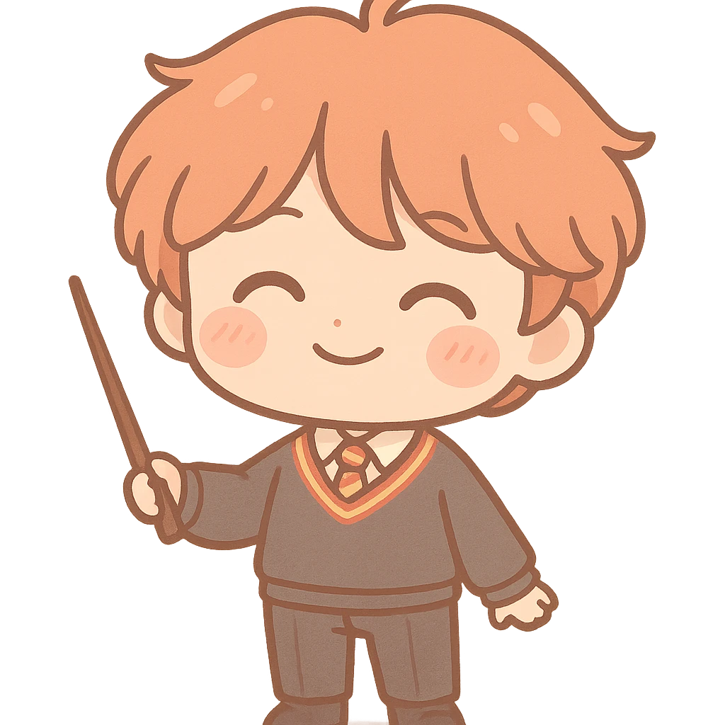 Chibi kawaii Ron Weasley with exaggerated proportions (big head, small body), clean lines and dark brown thin outline, happy expression with closed arched eyes, subtle smile, rosy cheeks. Classic Gryffindor uniform: dark gray sweater with red and gold stripes, white shirt, red/gold striped tie, dark dress pants, black socks and shoes. Holding wand. Voluminous, slightly messy red hair. Warm, earthy, pastel palette, light cel shading, neutral or transparent background. emoji