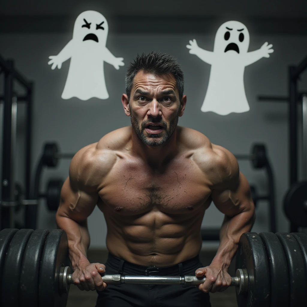 realistic, dramatic; muscular man in gym, lifting weights, exhausted and tense, sweat, eyes show mental and emotional strain, background with ghost-like stress symbols (arguments, bills), gym equipment, expressive posture emoji