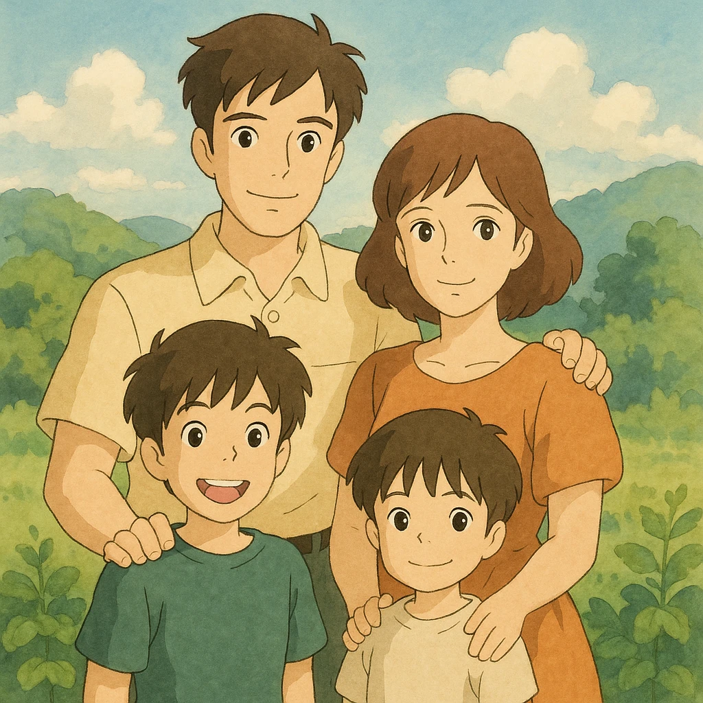 ghibli style soft illustration of a heterosexual couple with two boys emoji