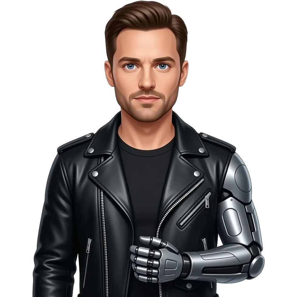 Sebastian Stan with  a leather jacket and one metal arm emoji