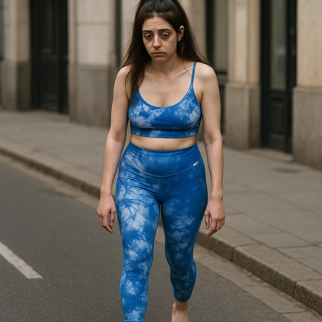 A slender woman in 4K, walking slowly down the street, with curved shoulders, dragging steps, an empty expression, and bags under her eyes, inspired by the reference photo. emoji