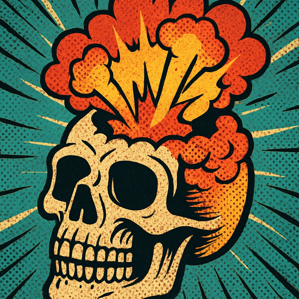 a skull with the head exploding upward, vibrant colors, comic book style emoji