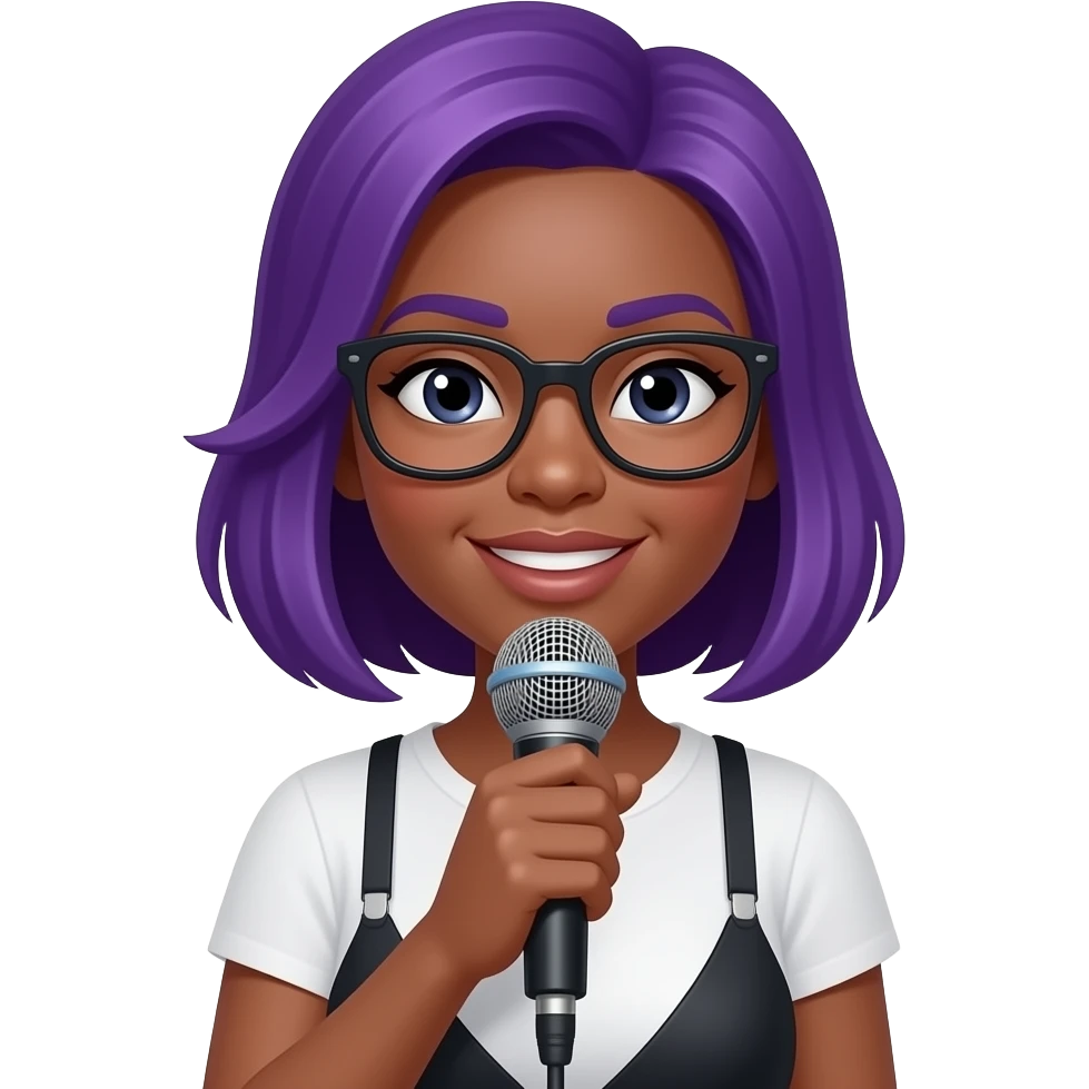 an afro singer lady hold a mic and wear eye glasses and her hairs in purple front view close up with half body emoji