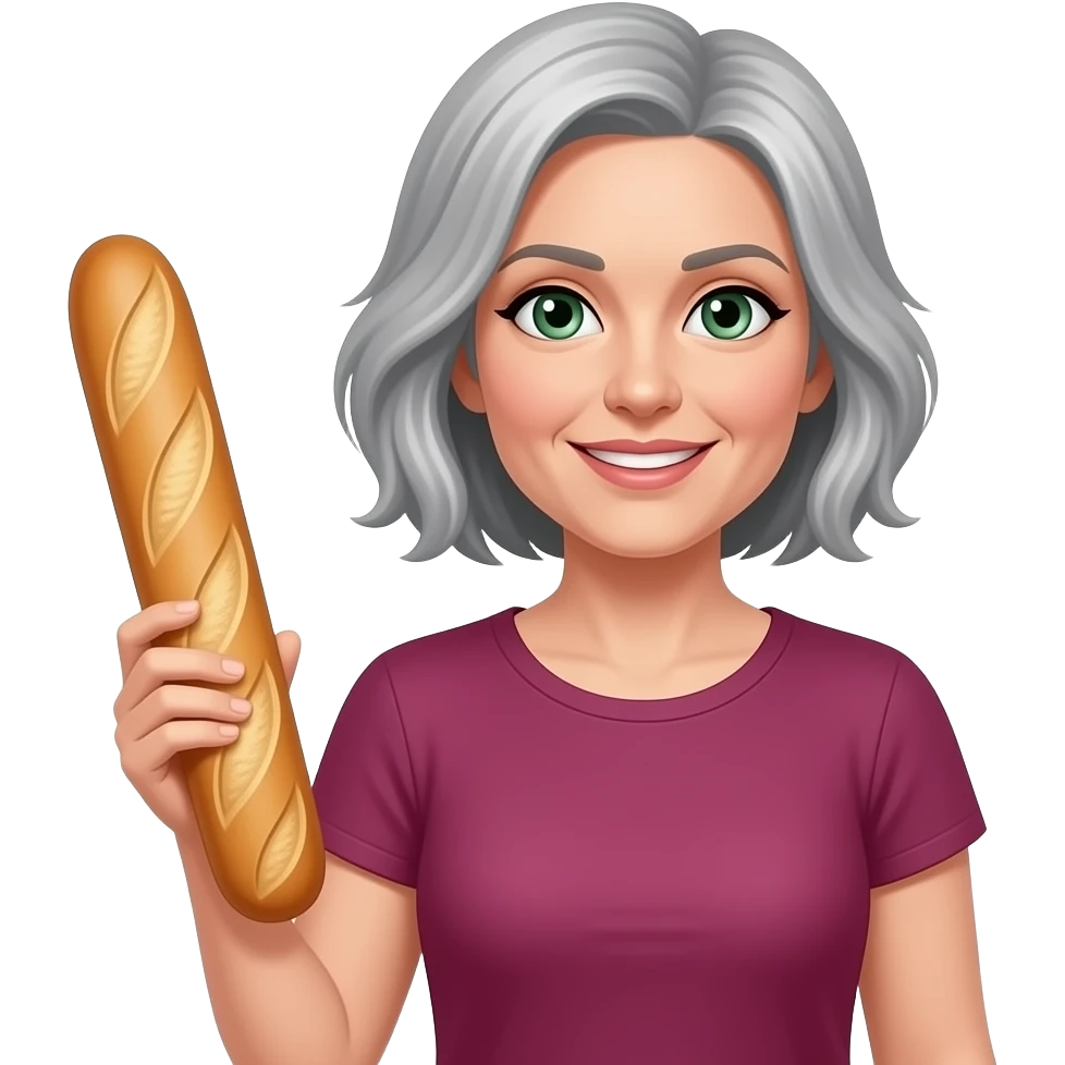 Lady around 45  with Green eyes beautiful grey hair near Eiffel tower with French baguette with dark pink tshirt emoji