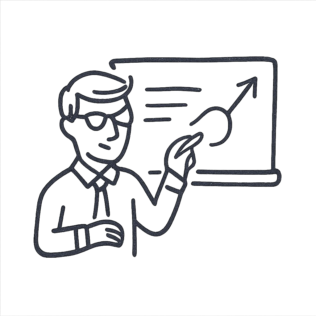 male teacher explaining a lesson at a white board, hand drawn look, black and white emoji