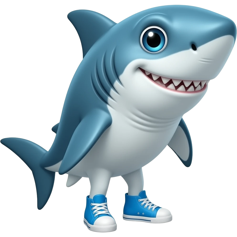a shark with a sleek blue body, big expressive eyes, and a slightly goofy grin. He stands upright like a human and wears bright blue sneakers, giving him a funny, cartoonish vibe with a mix of cool and absurd energy. emoji