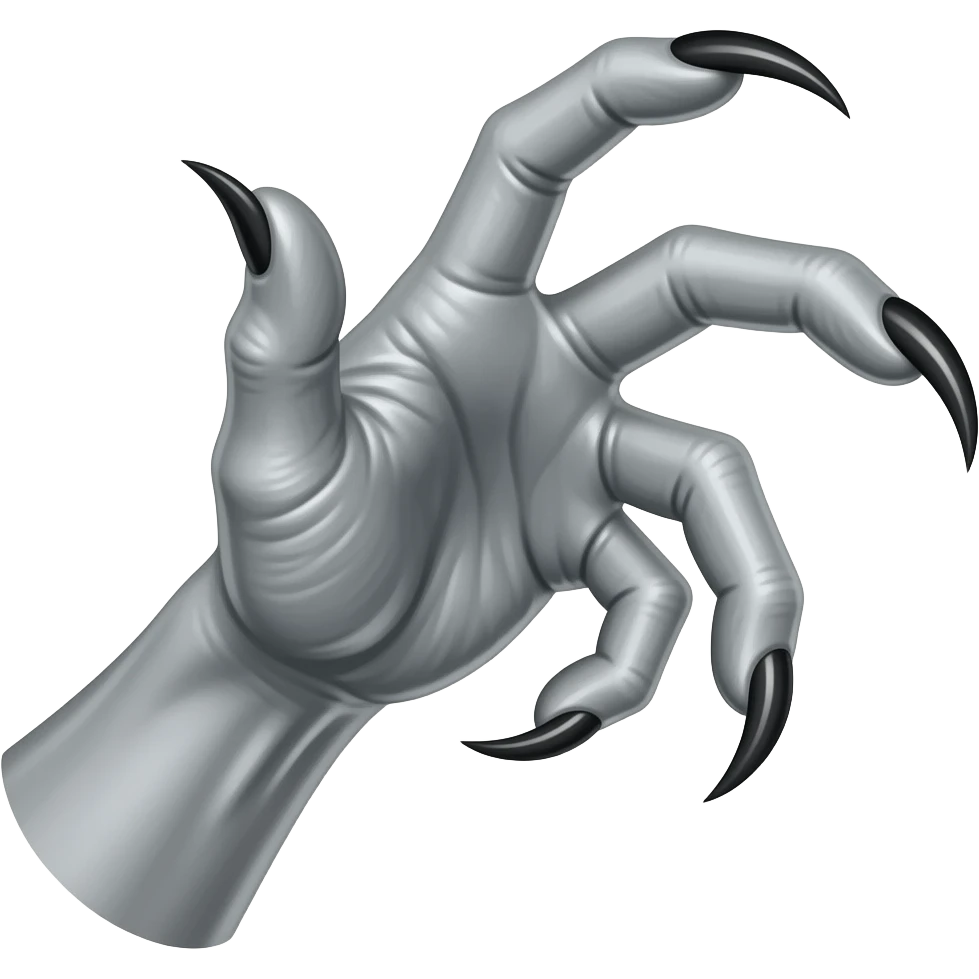 Demonic dark silver hand with long sharp dark ivory color claws reaching towards the right violently. Shift the perspective to a side profile to show the curvature and length of the claws more clearly. emoji