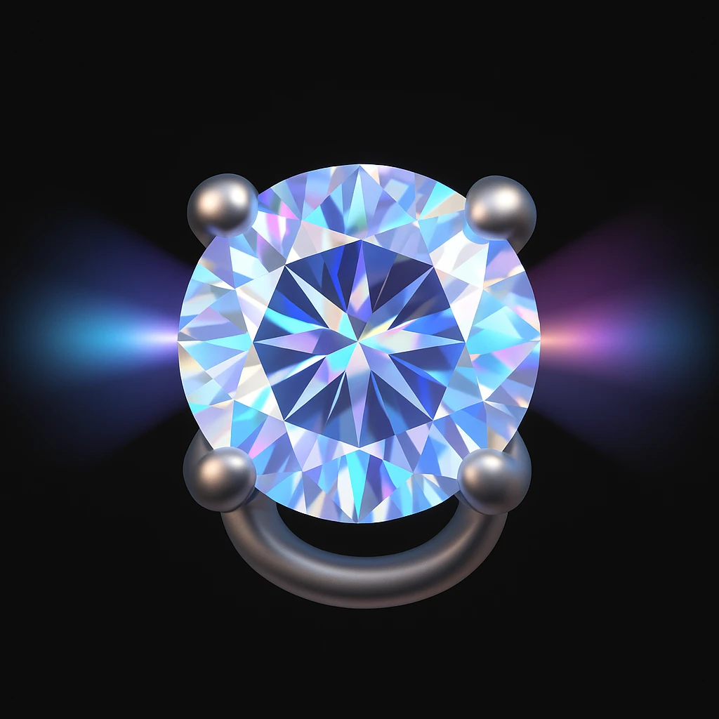 Make it 3D emoji style: add a silver jewelry setting to the round cut white diamond with holographic effect and prismatic light rays emoji